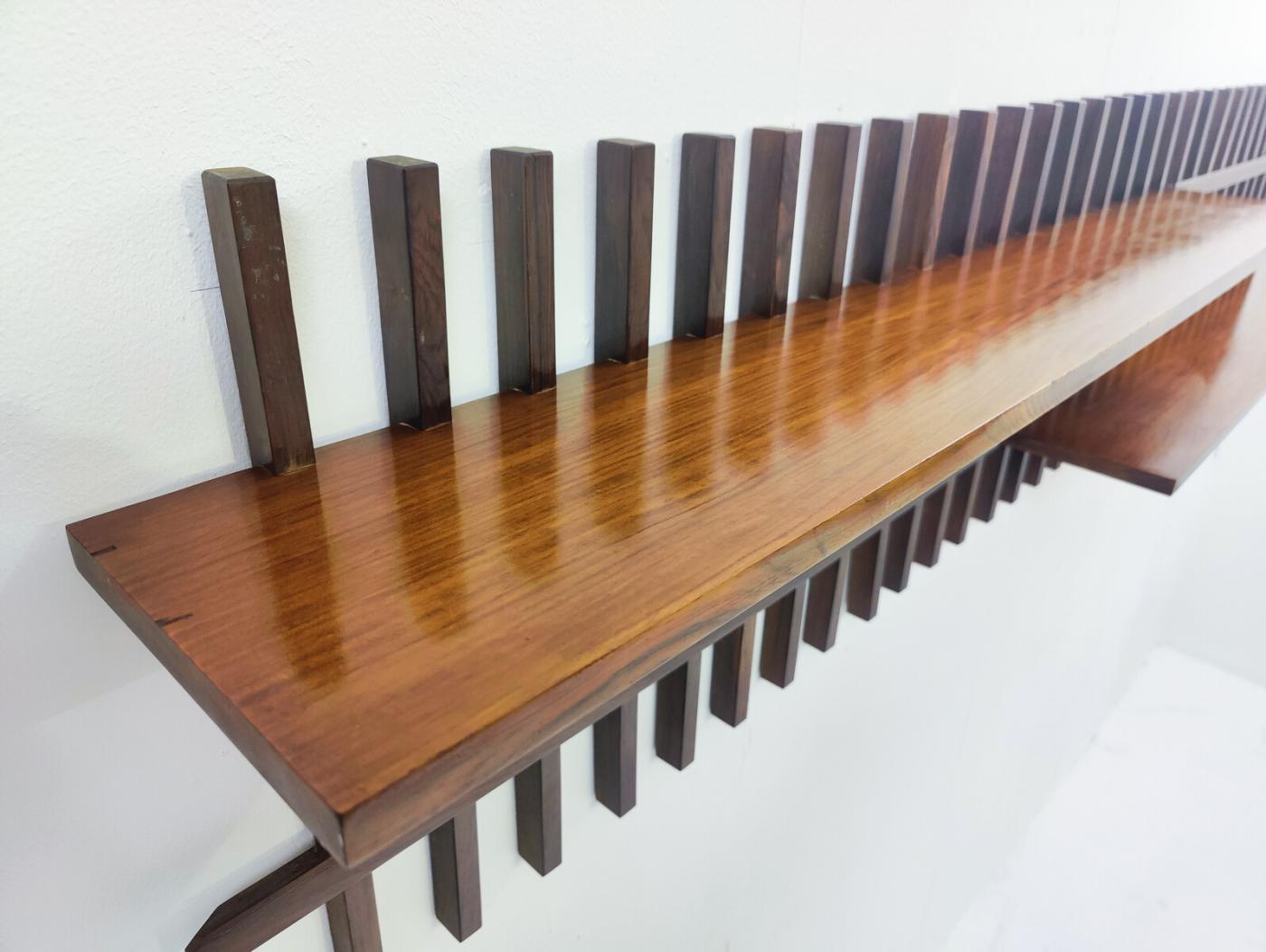 Mid Century Modern Slatted Wooden Suspended Shelf