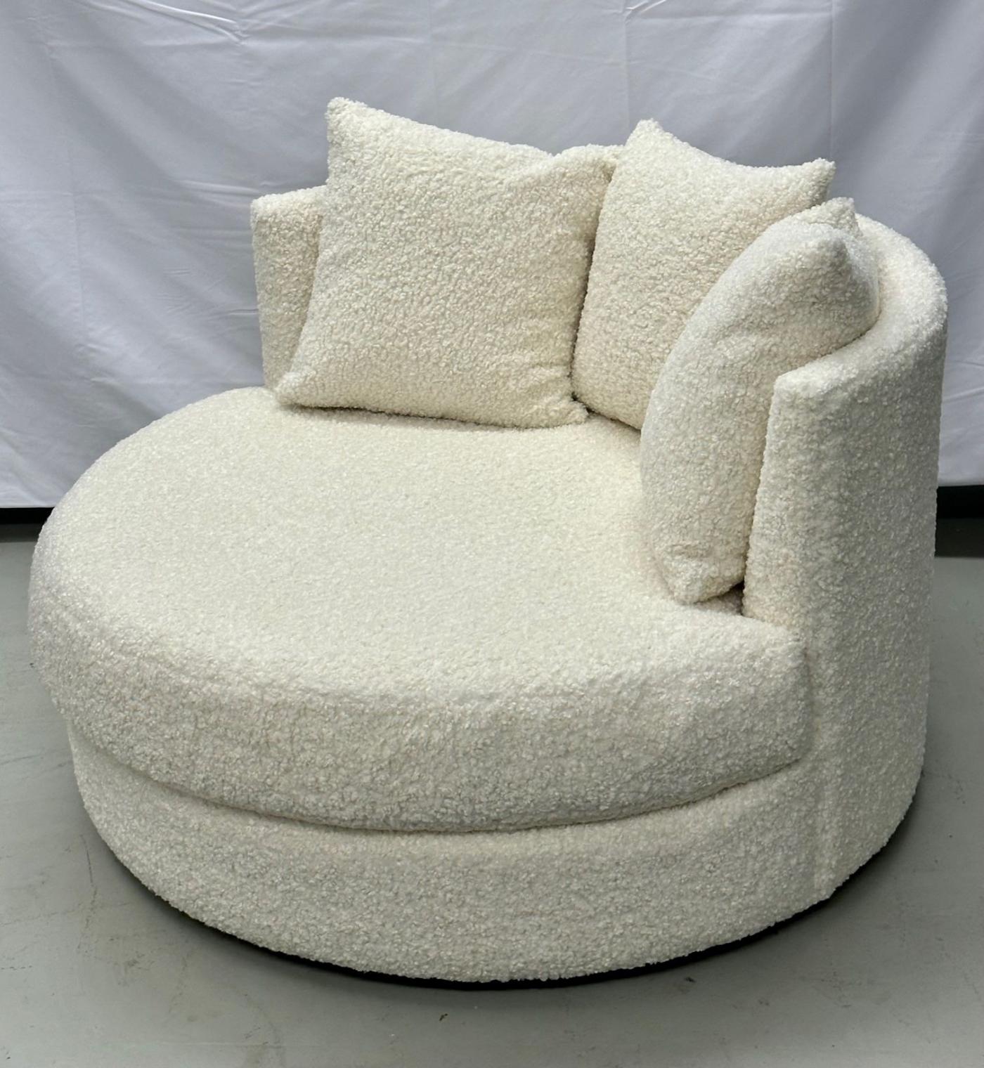 Mid-Century Modern Style Oversized White Boucle Swivel / Lounge Chair