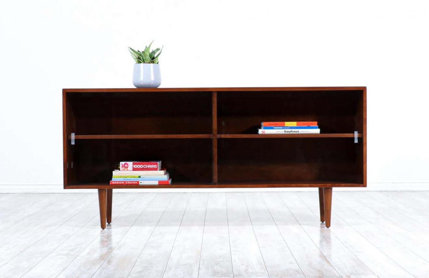 MidCentury Modern Walnut Bookcase with Glass Doors