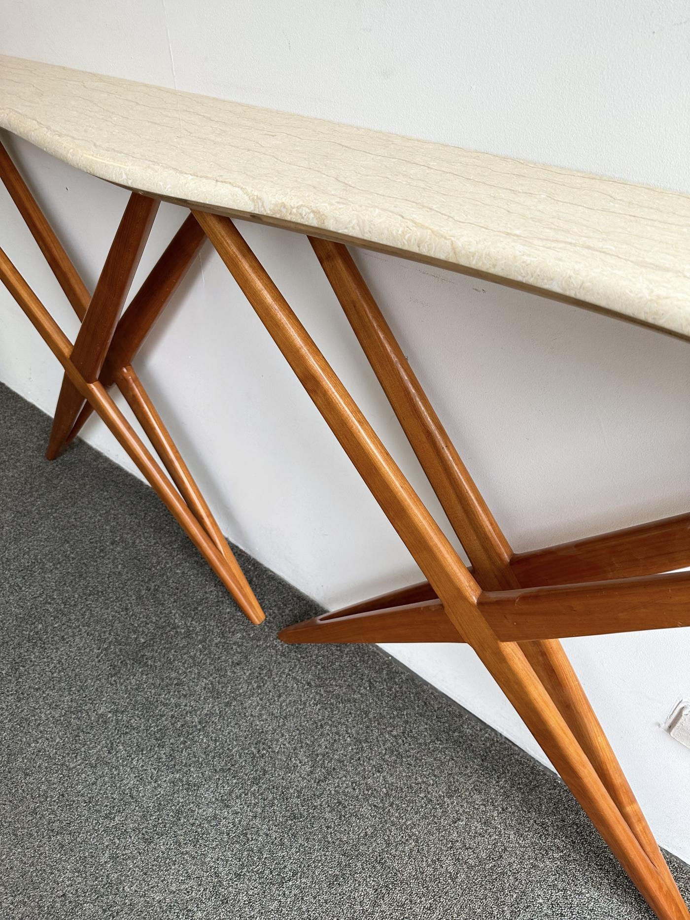 Mid-Century Modern Wood and Marble Wave Console Table. Italy
