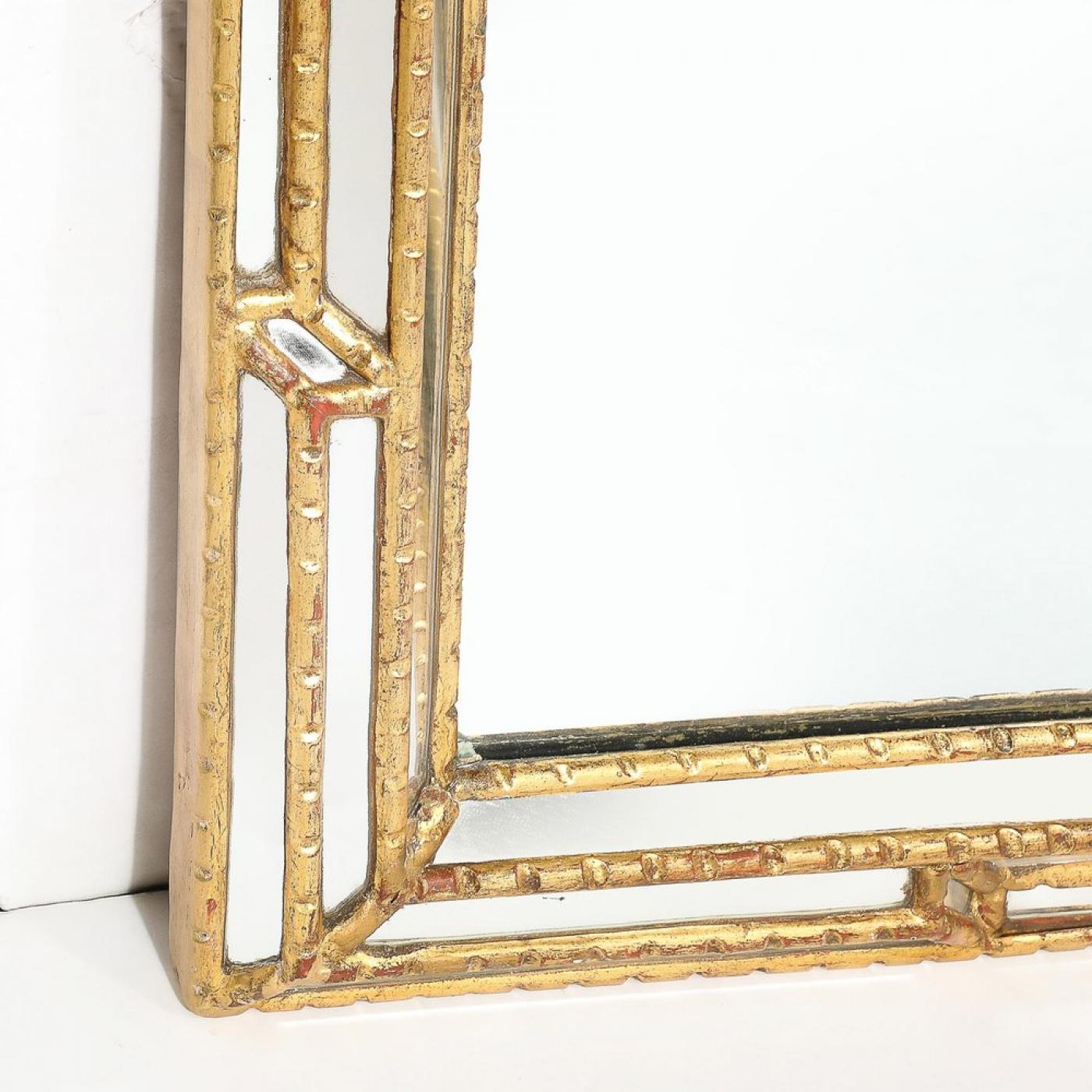 Angular Mirror Design Mid-Century Modernist Sectioned Angular Mirror with Ribbed Gilt Wood Border