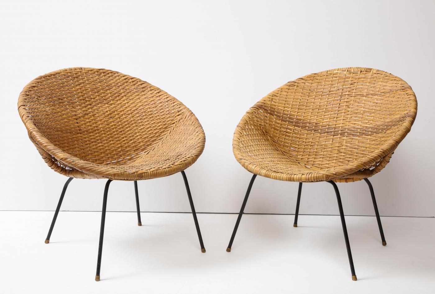 Mid Century Rattan and Iron Saucer Chairs, USA, c. 1950