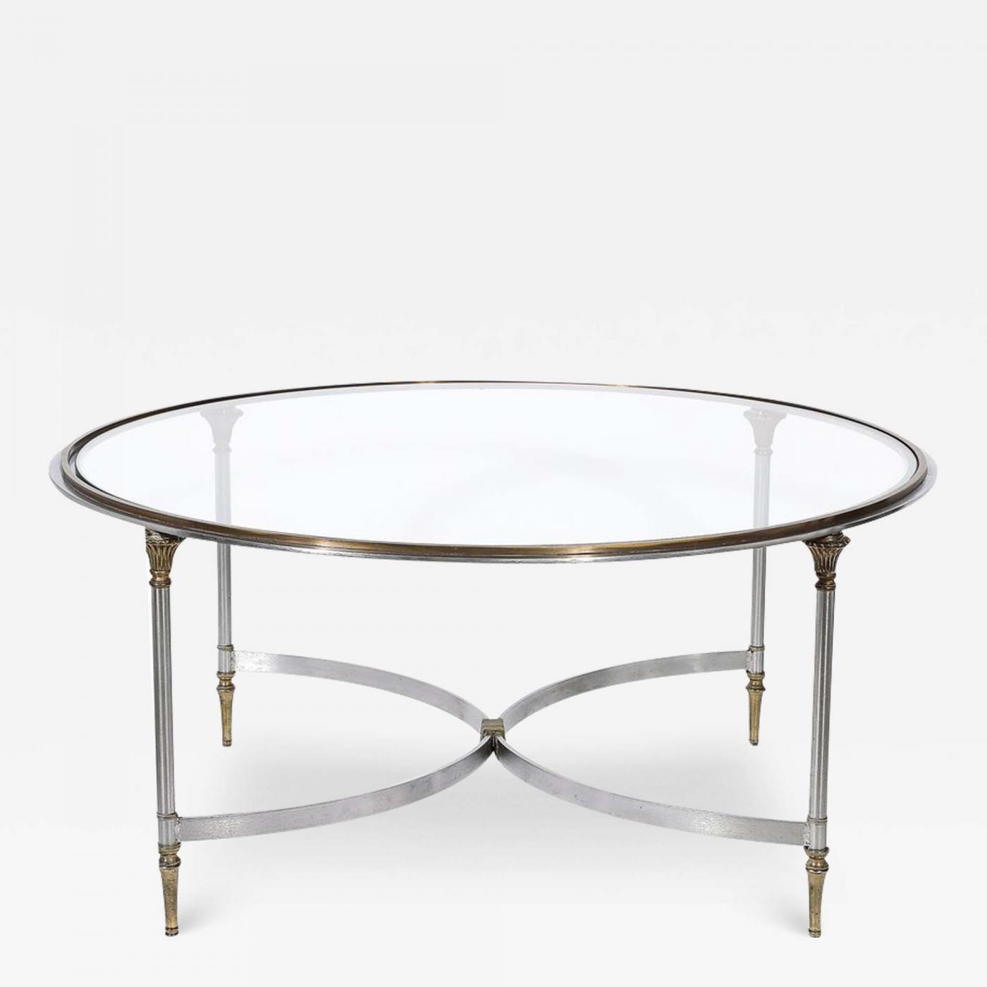 Mid-Century Round Glass, Brass & Steel Cocktail Table, Manner of Maison  Jansen