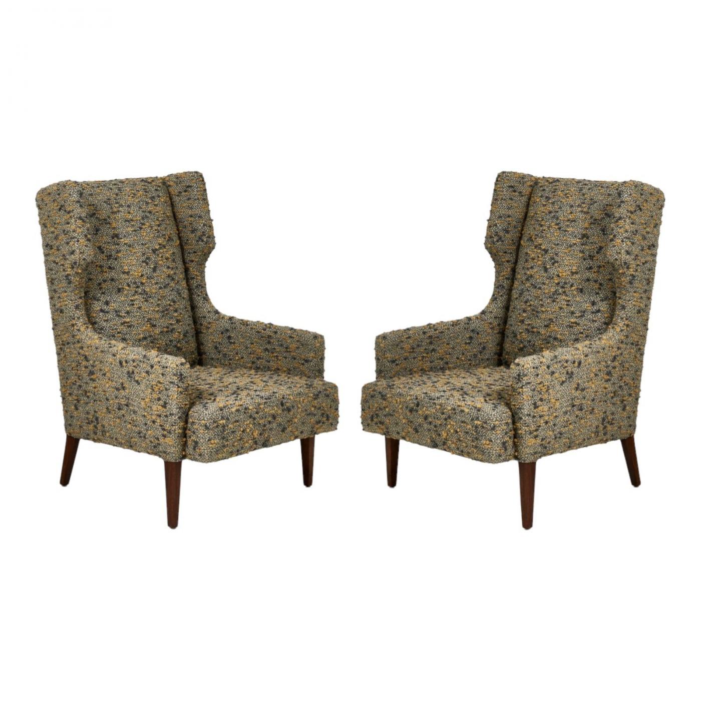 Mid Century Dunbar Style Wing Back Lounge Chairs in Nubby Boucle, 1960