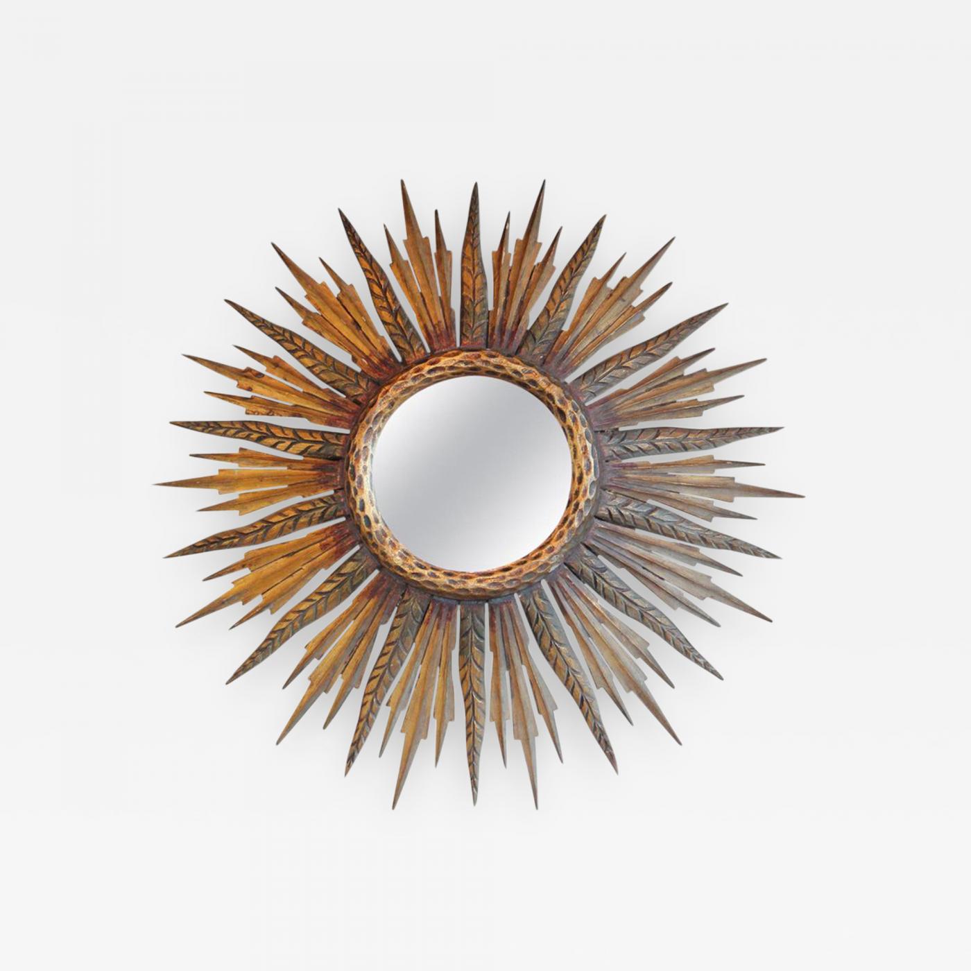 Midcentury French Sunburst Mirror With Feathered Rays And Original Glass