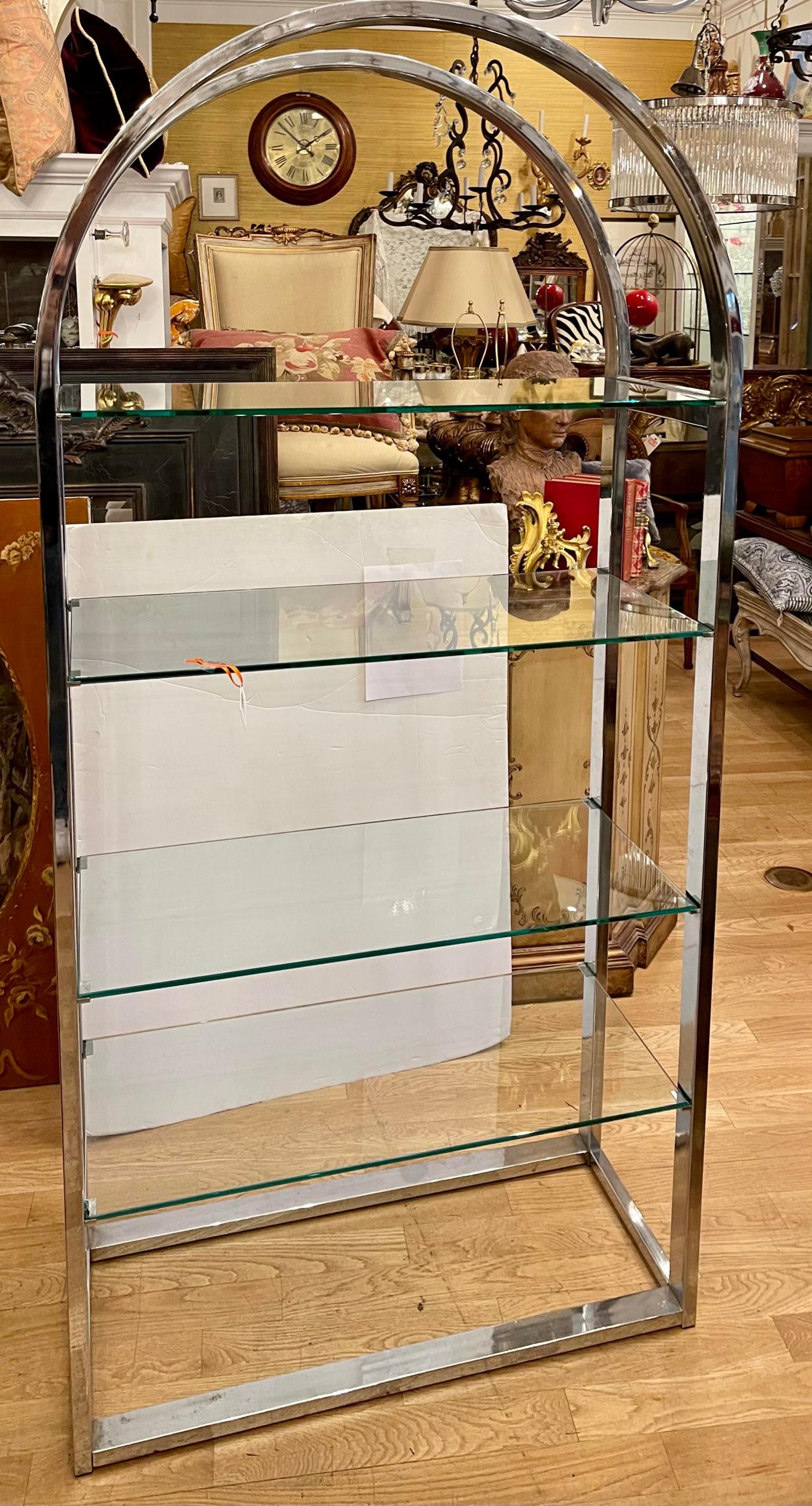 Modern Chrome & Glass Arched Etagere Display Shelving Unit