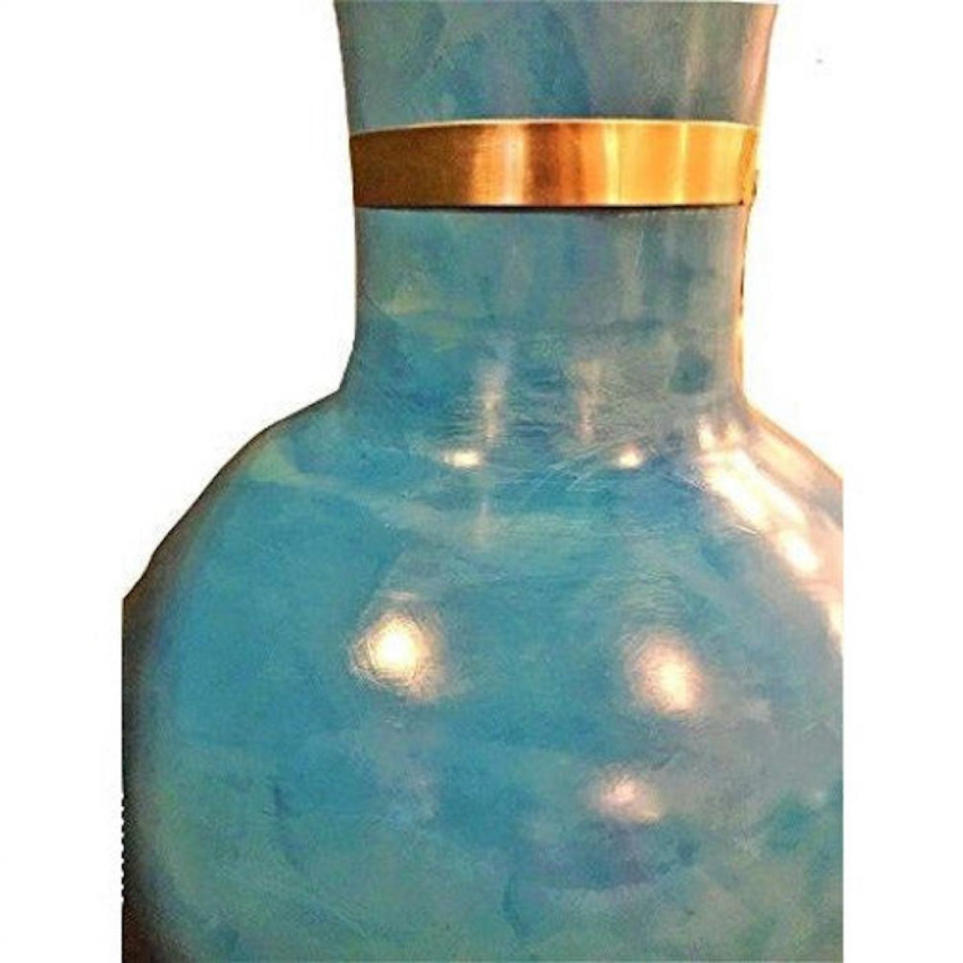 Moroccan Handpainted Tall Turquoise Vase with Upper Gold Trim