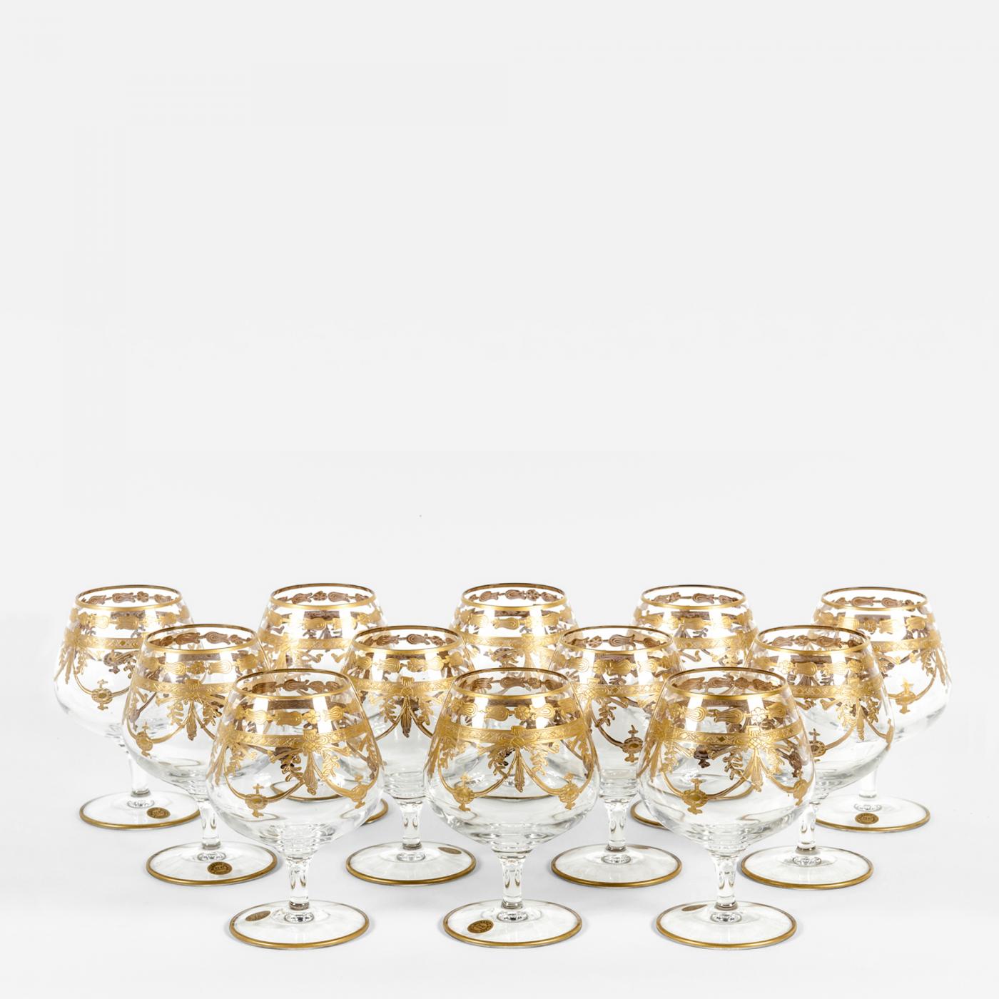 Murano Crystal Set of 12 Cognac / Snifter with 24Karat Gold Design