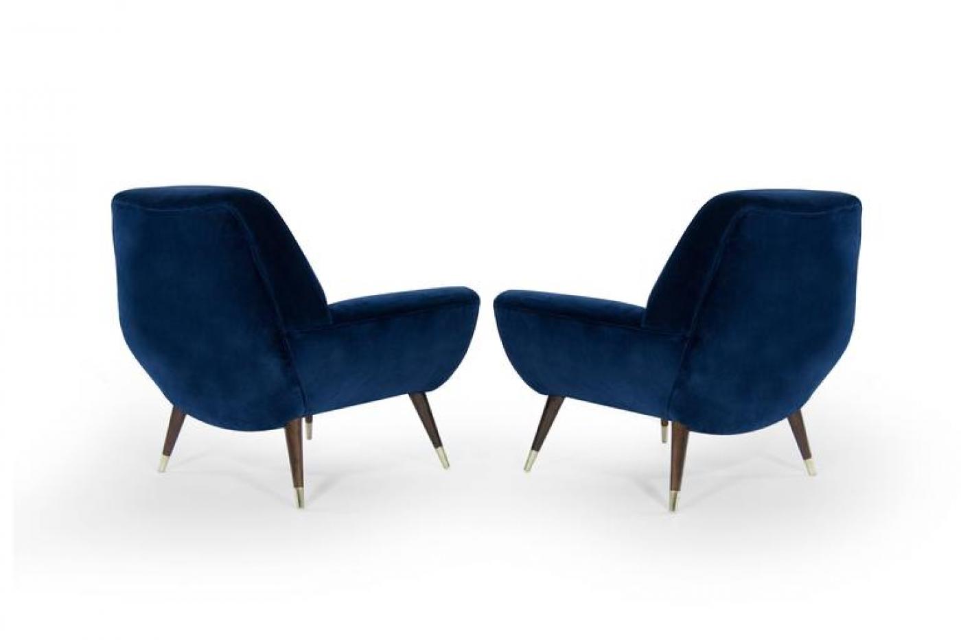 Navy Blue Velvet Lounge Chairs with Splayed Legs, Italy, circa 1950s