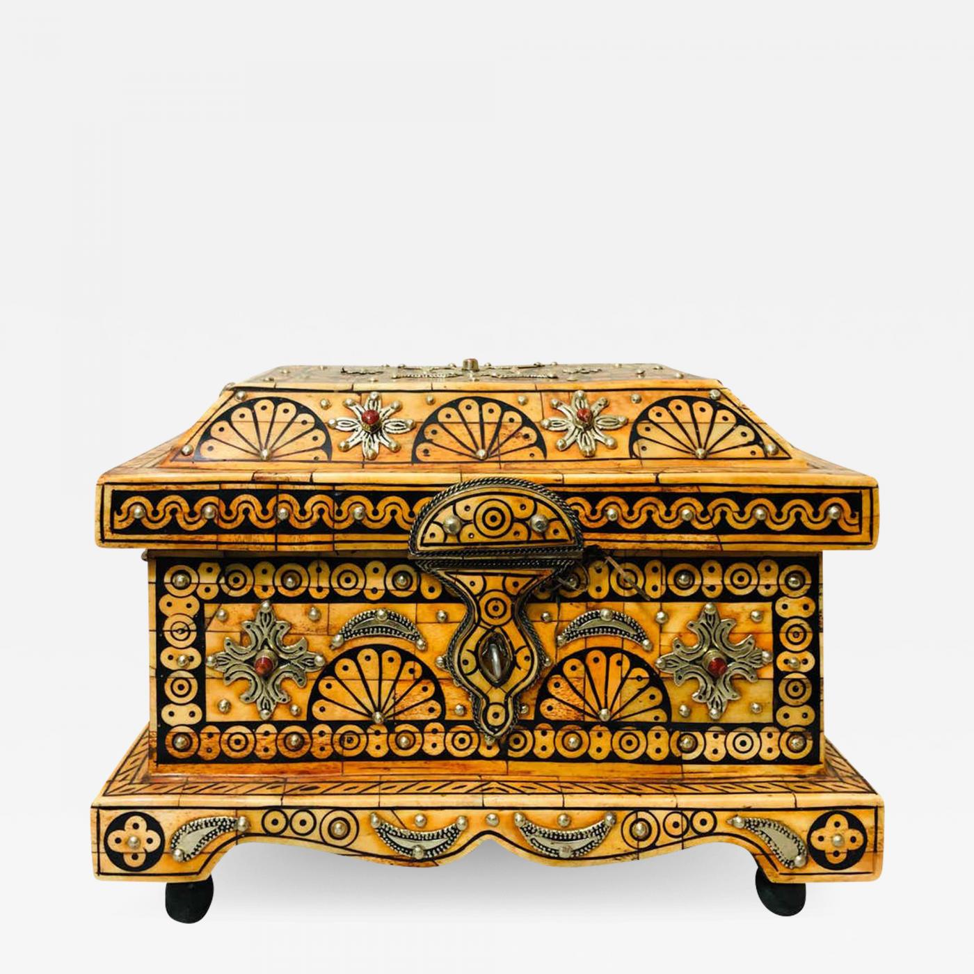 Orange Brass and Bone Inlaid Jewelry Chest/Box