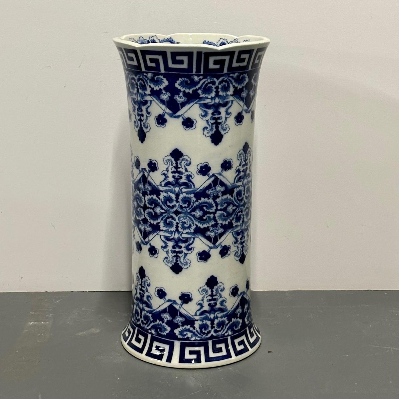 Oriental Porcelain Flow Blue White Umbrella Stand, Large Vase, Floral