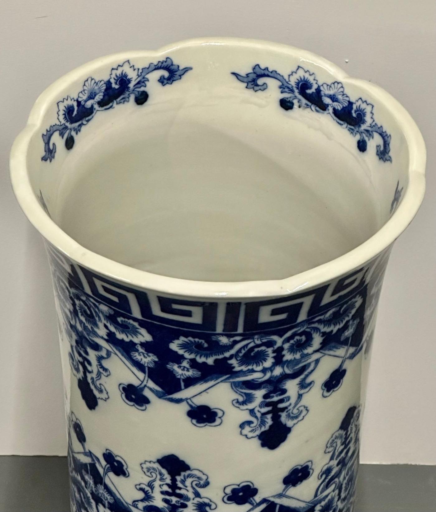 Oriental Porcelain Flow Blue White Umbrella Stand, Large Vase, Floral