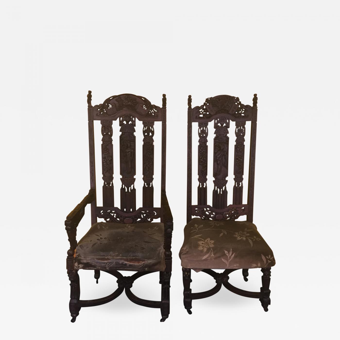 ornate carved pair of chinese figural victorian chairs