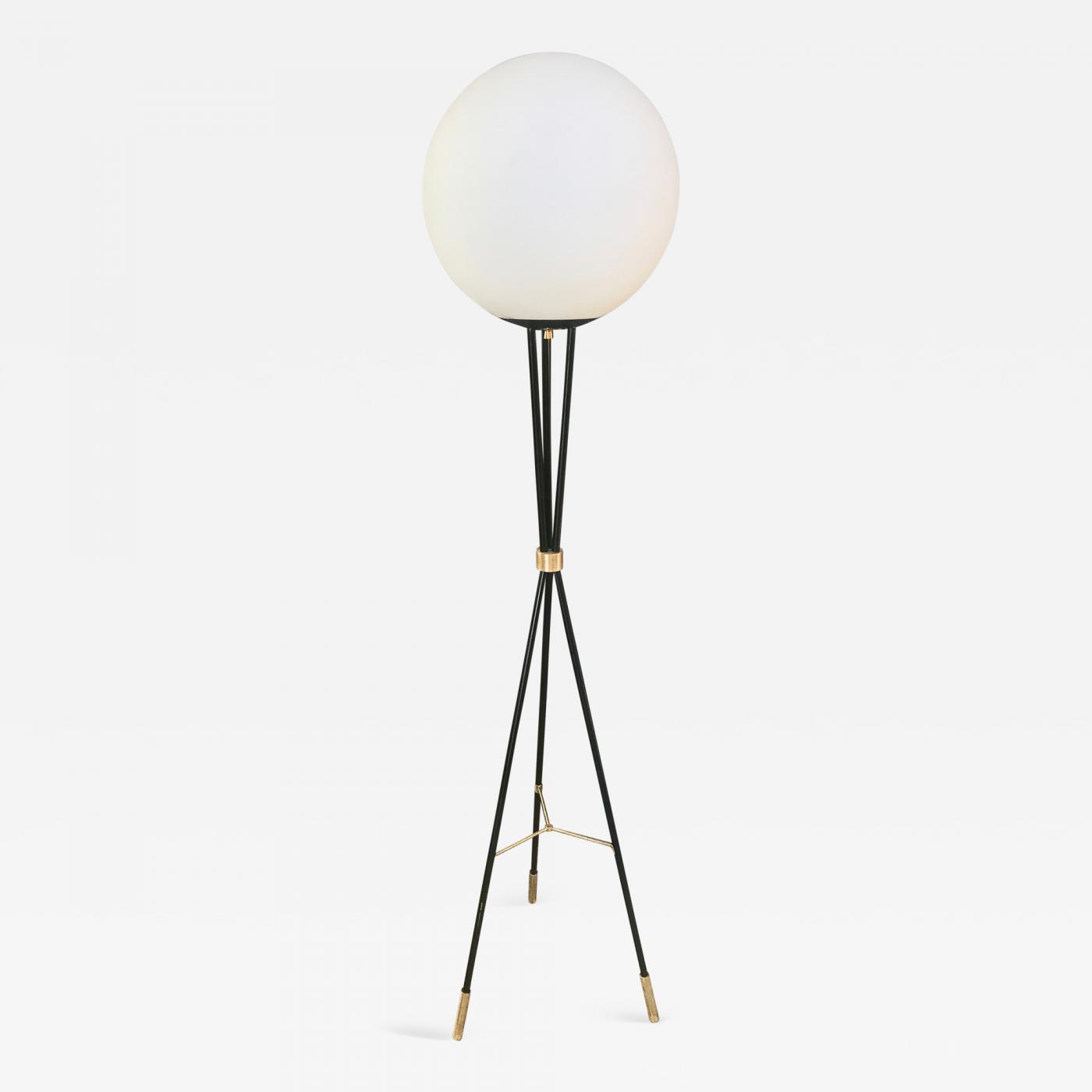 Oversize Opaline Glass Sphere On Brass Tripod Black Floor Lamp 1960s