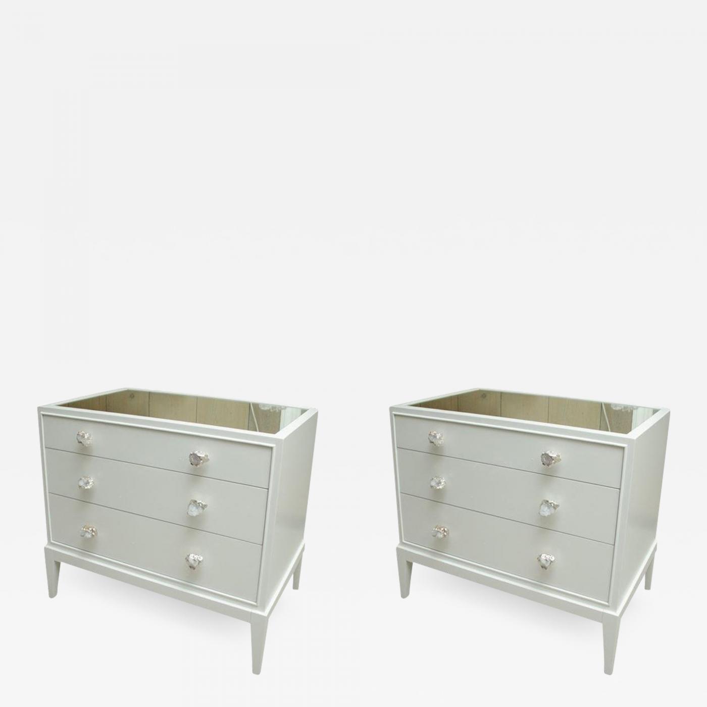 Pair Of 3 Drawer Bedside Commodes With Jeweled Drawer Pulls