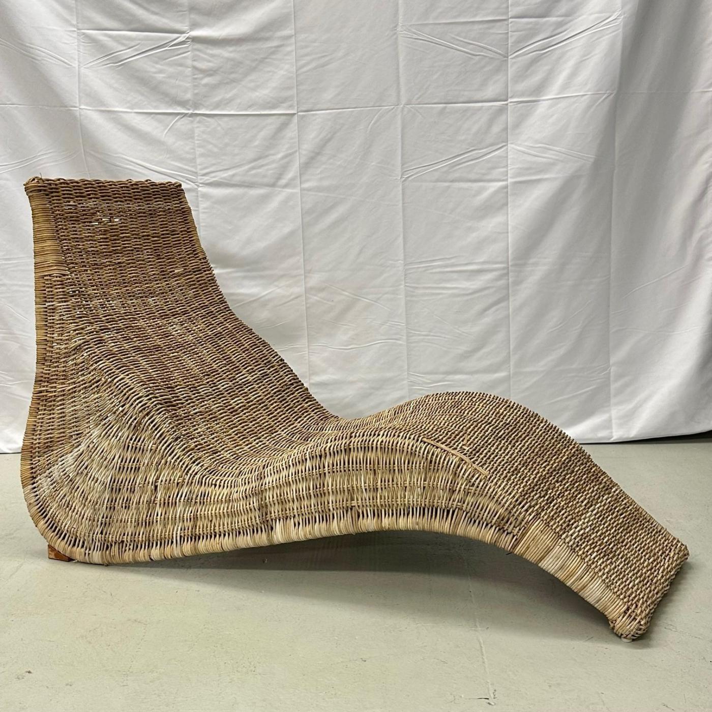 Pair Bohemian Mid-Century Modern Karlskrona Rattan Wicker Chaise Lounge Chairs