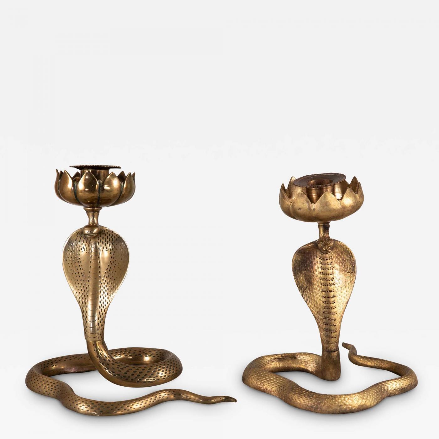 Pair Brass Cobra Candlesticks, mid 20th Century