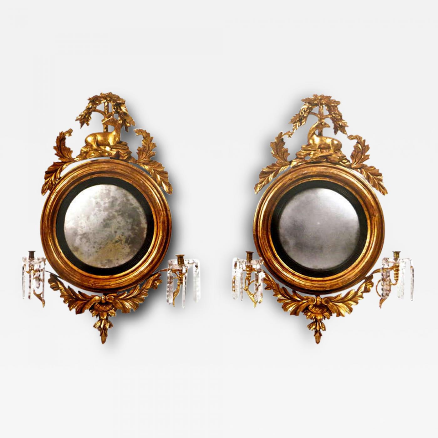 Convex Wall Mirror pair georgian carved "stag" gilt wood convex mirrors, circa 1820 Convex Wall Mirror pair georgian carved "stag" gilt wood convex mirrors, circa 1820