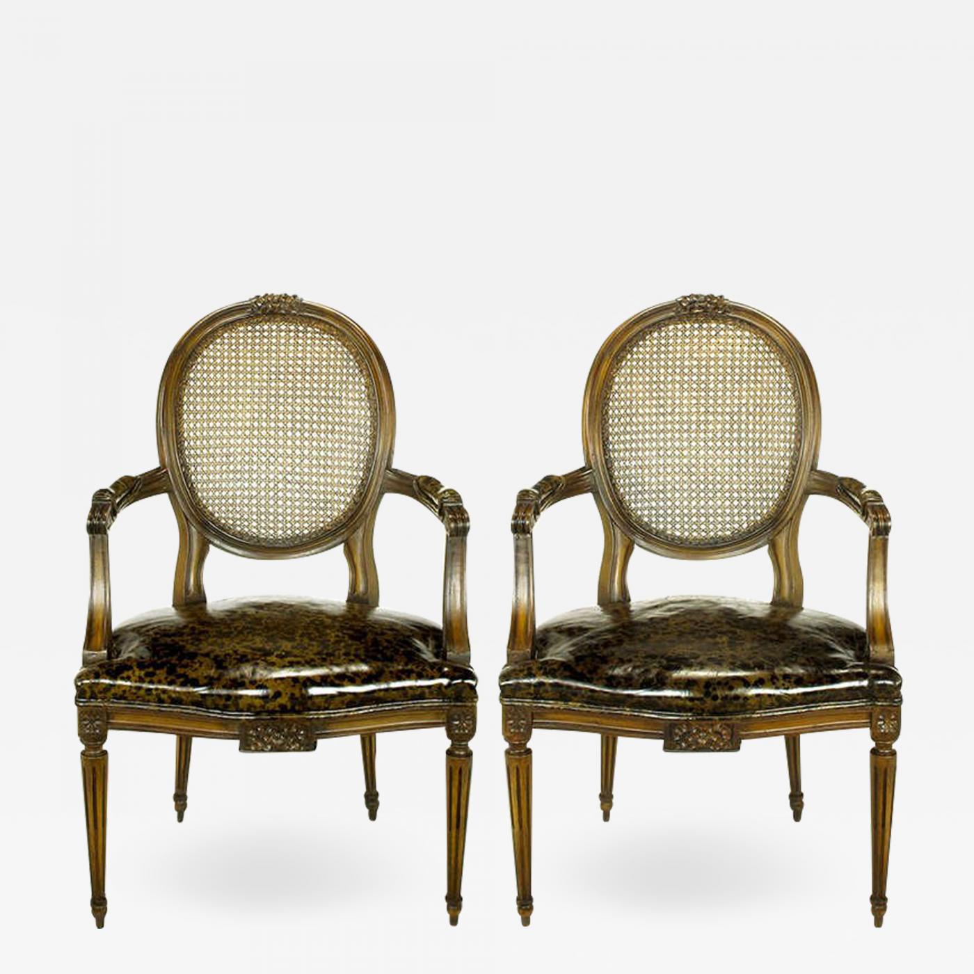 Pair Louis Xvi Mahogany Cane Arm Chairs With Tortoiseshell Leather