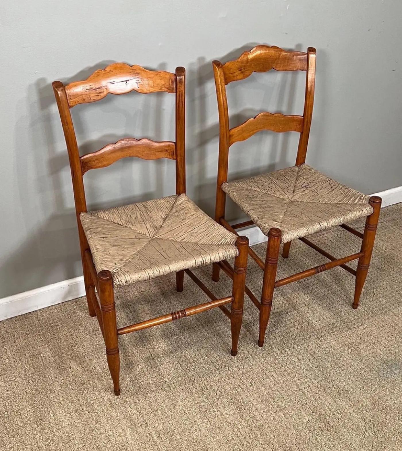 Pair of 19th Century Maple Side Chairs with Rush Seats