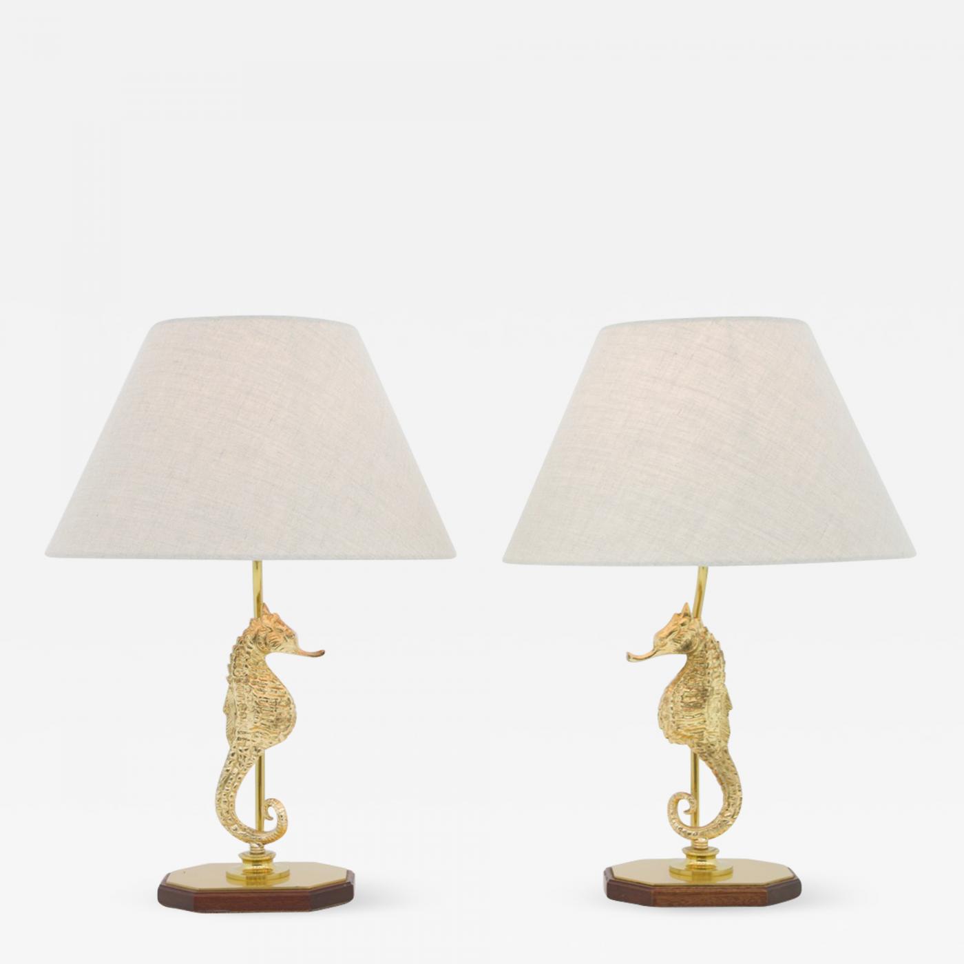 Pair Of Brass And Wood Seahorse Table Lamps, Silver Seahorse Table Lamp