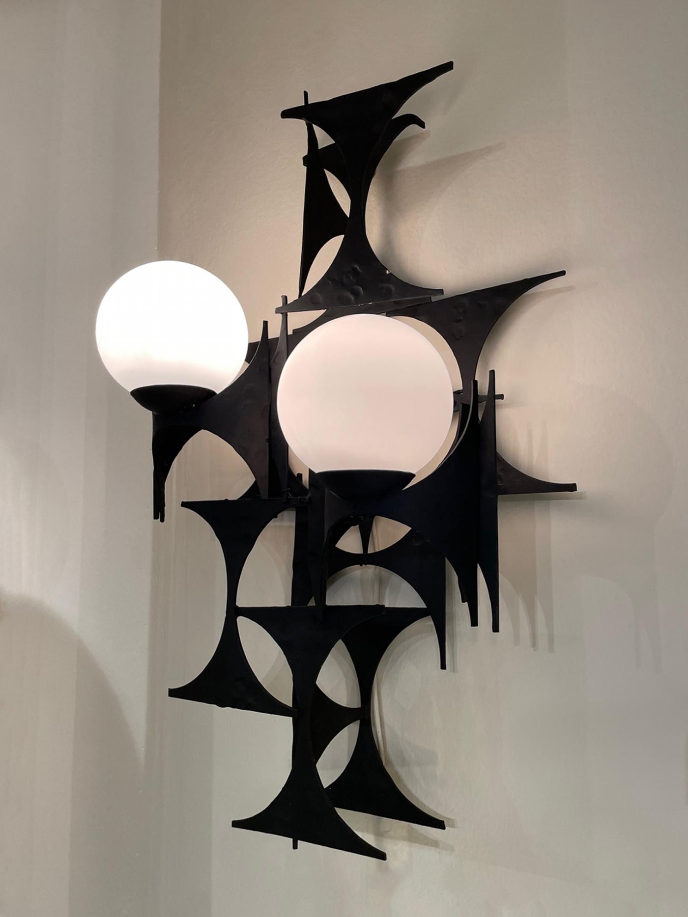 Pair of Brutalist Iron and Glass Wall Lights