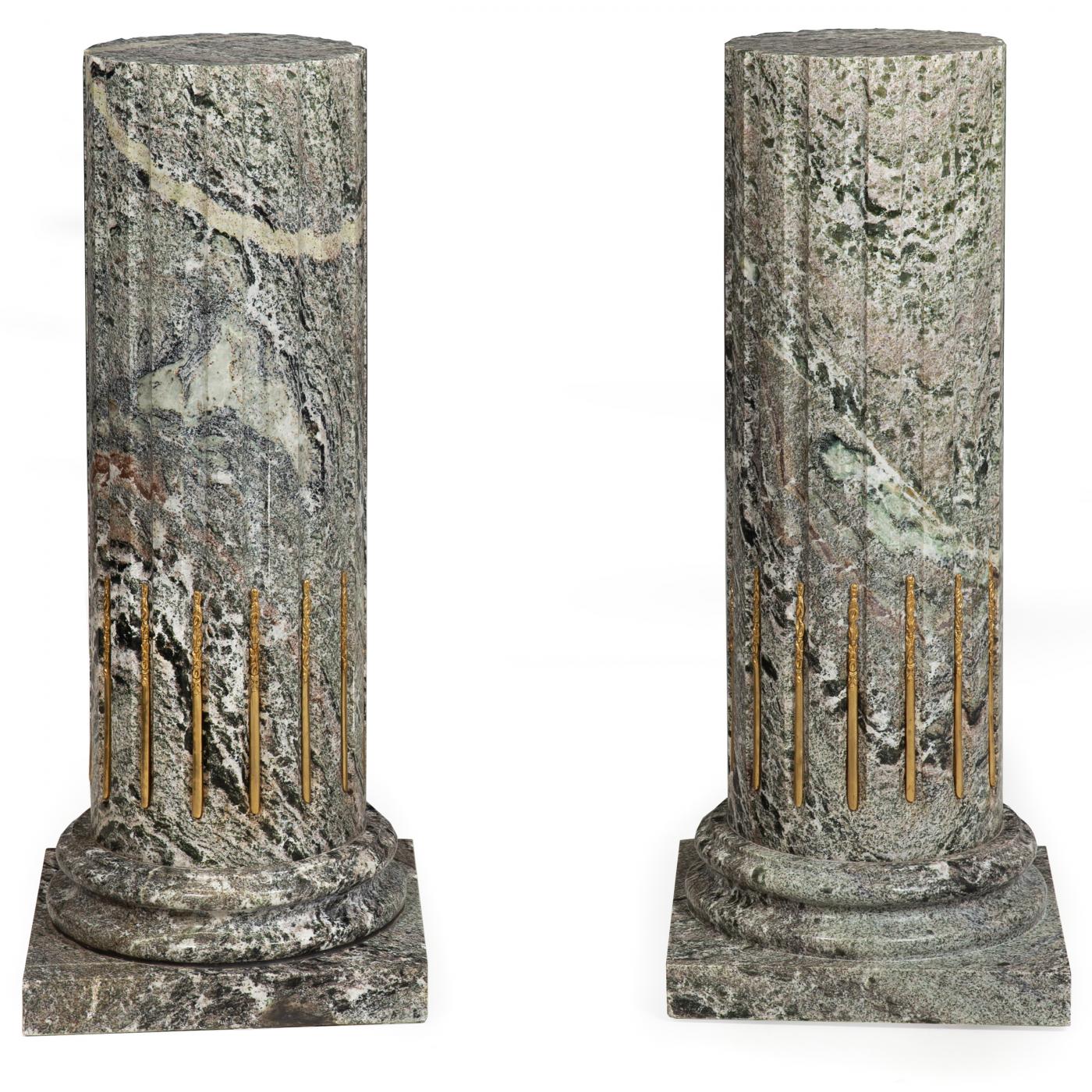 Pair of Classical Solid Marble Stop-Fluted Columns Pedestals
