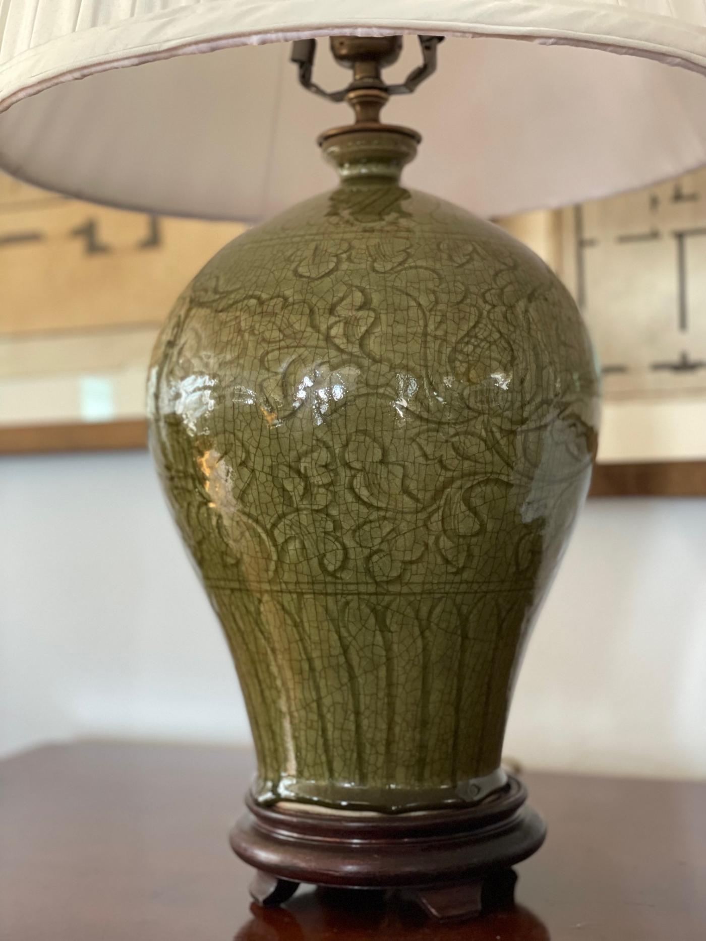 Pair of Crackle Celadon Green Table Lamps with Foliate Motif. 20th Century.