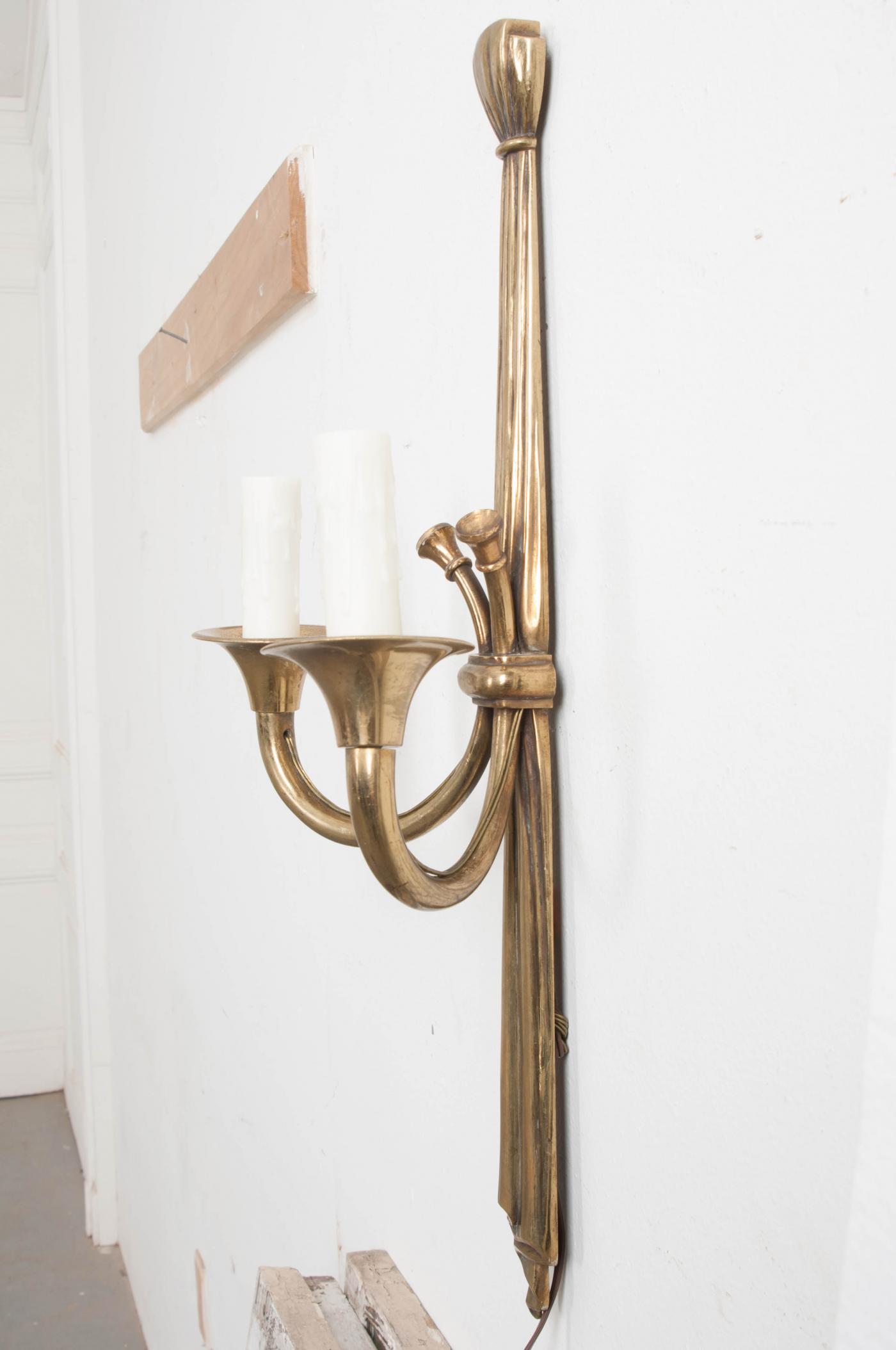 Pair of French 19th Century Neoclassical-Style Brass Double-Arm Sconces