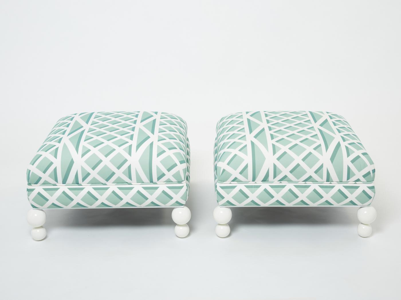 Pair of French vintage outdoor ottomans poufs reupholstered 1970s