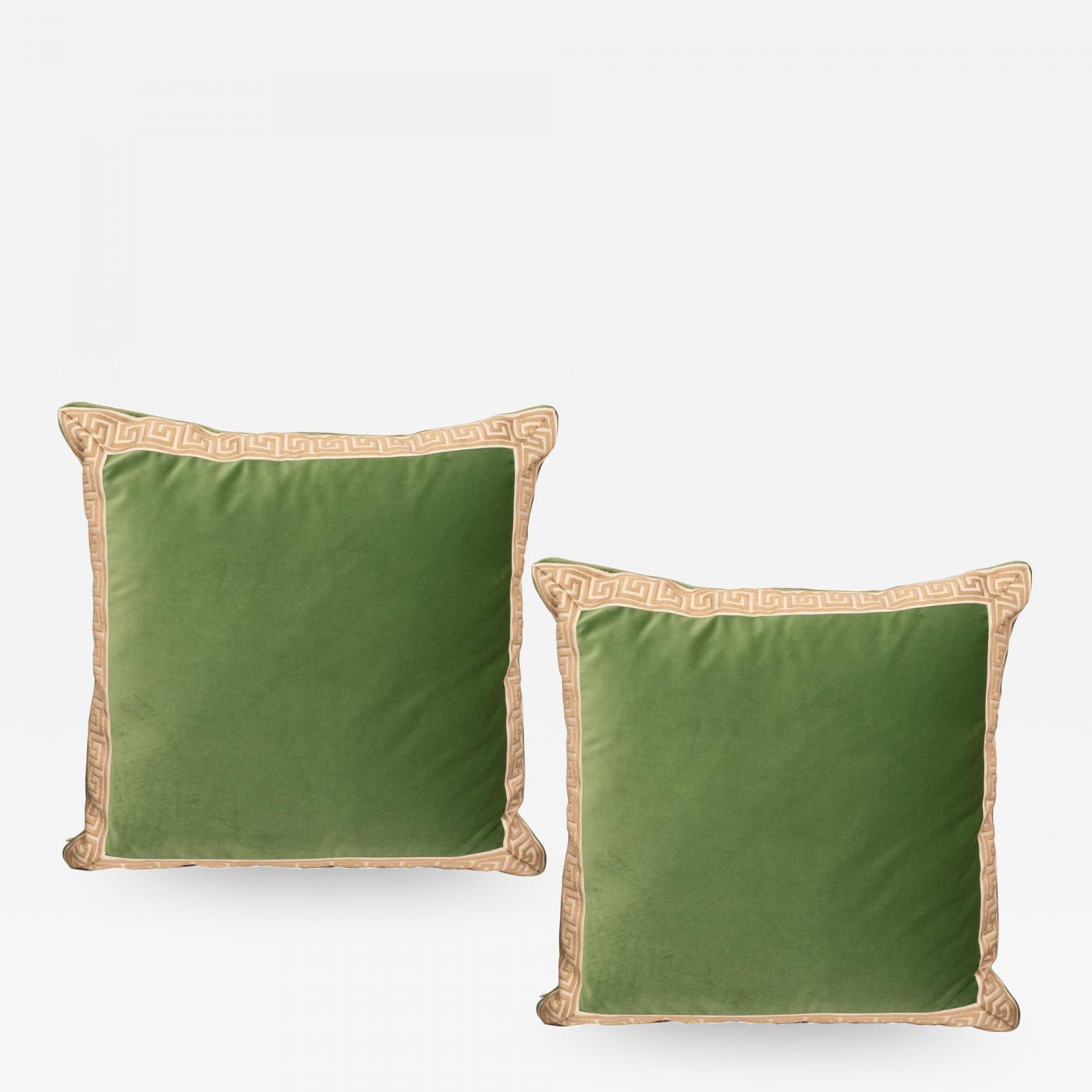 Pair Of Green Velvet Pillows With Greek Key