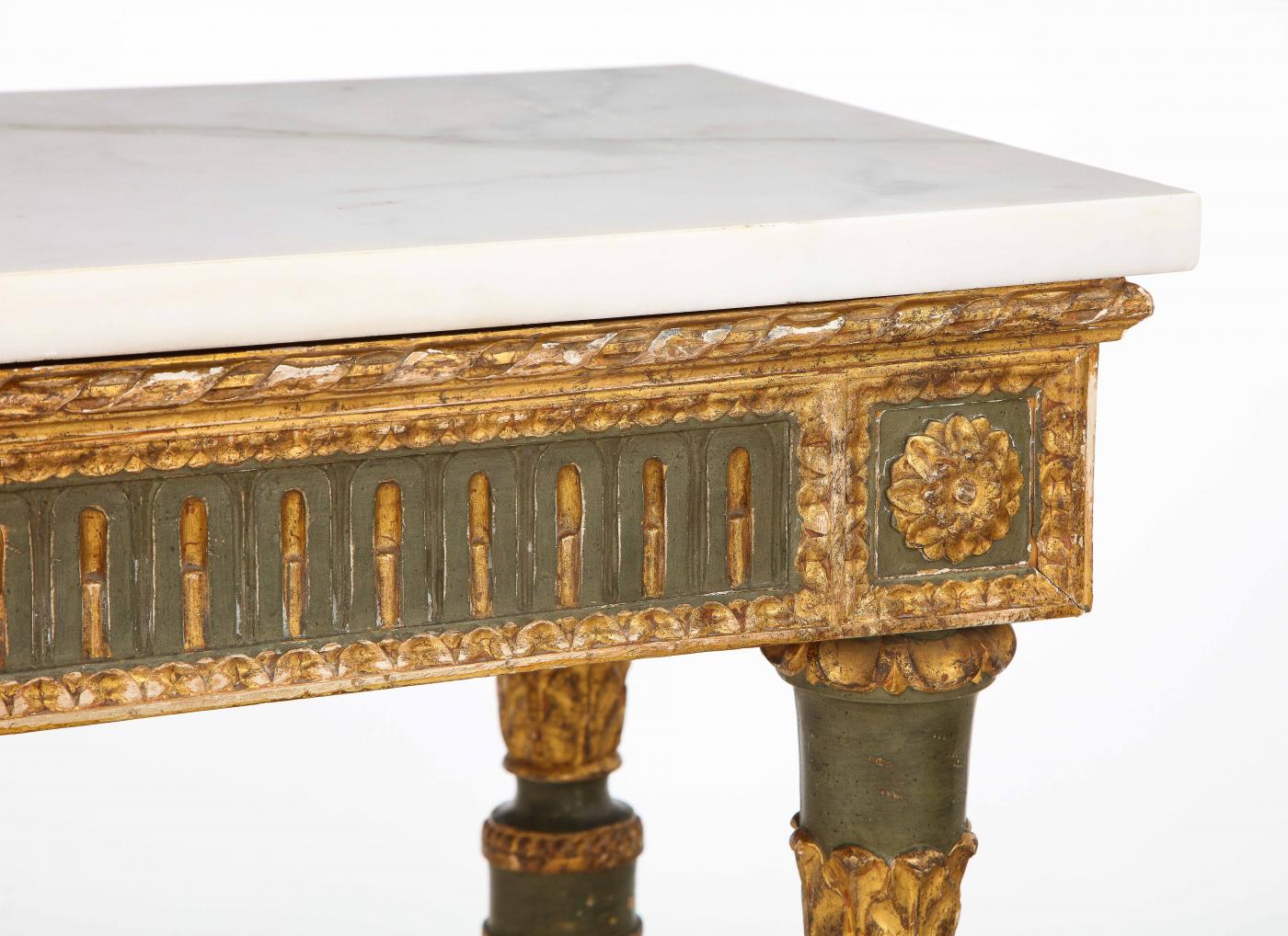 Pair of Italian Neoclassical Carved, Painted and Gilded Console Tables