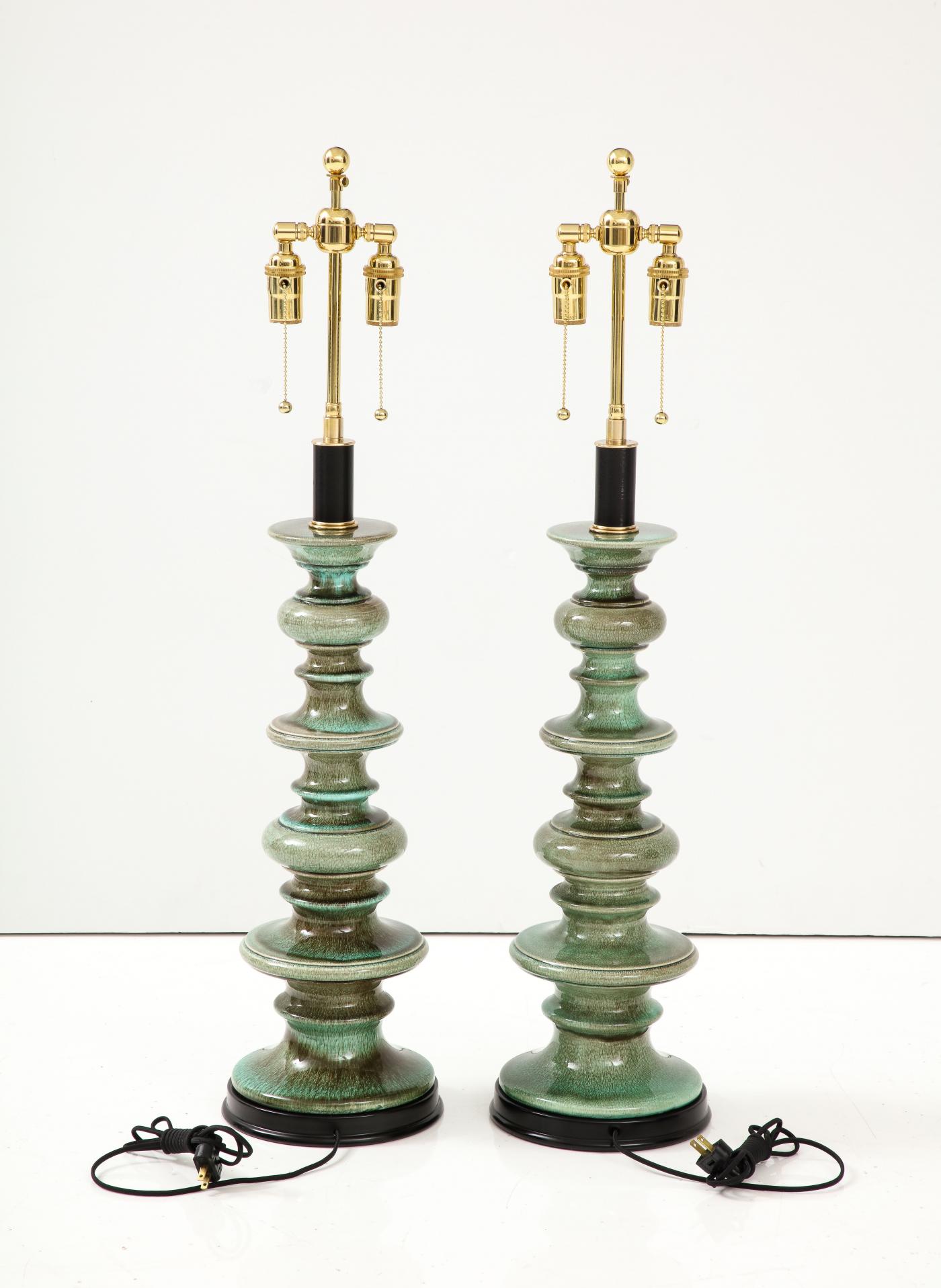 Pair of Large Ceramic Lamps with a Jade Green Crackle Glaze