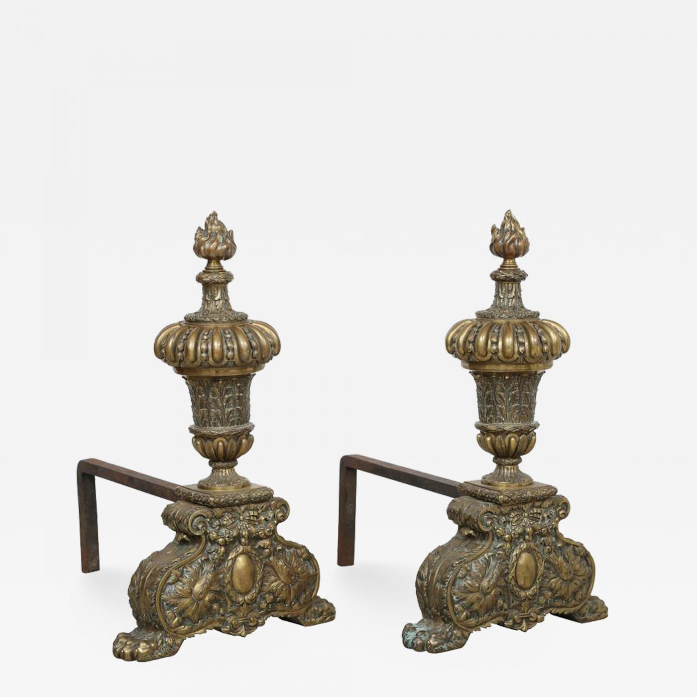 Pair Of Large Scale Georgian Revival Neoclassical Brass Fireplace