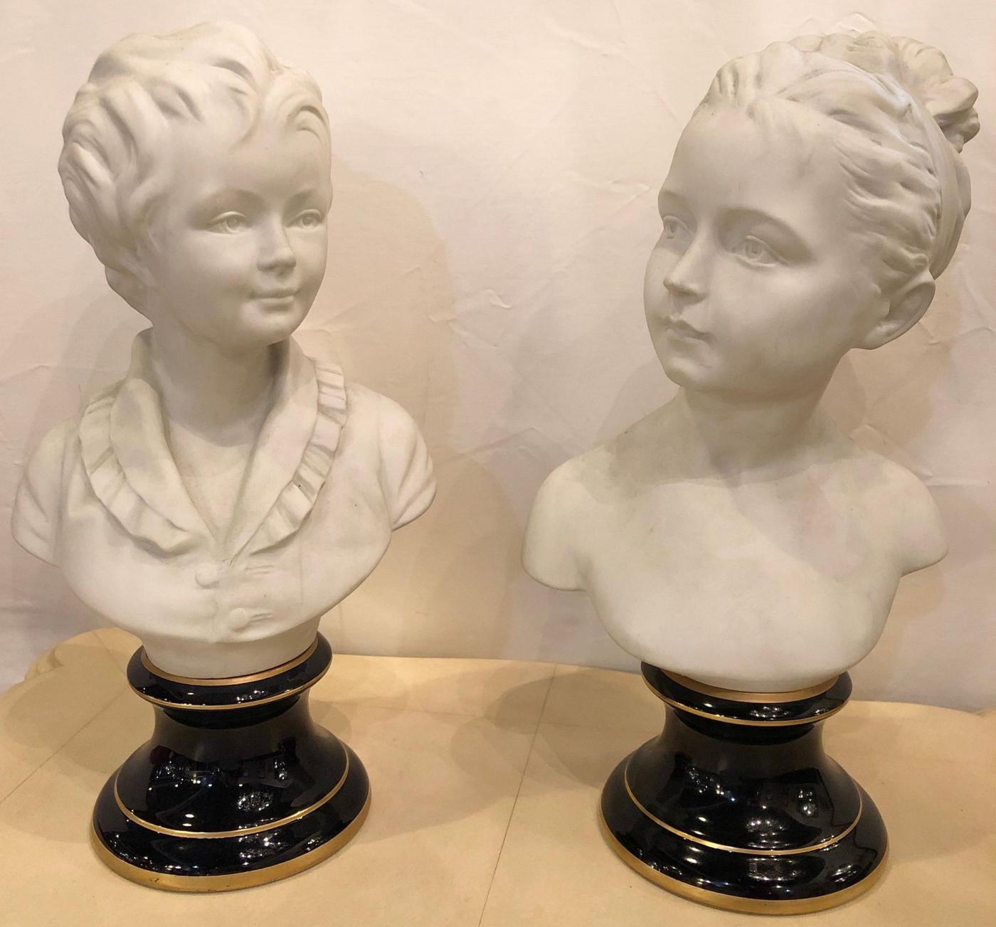 Pair of Limoges Parian and Blu Porcelain Busts of Young Children ...