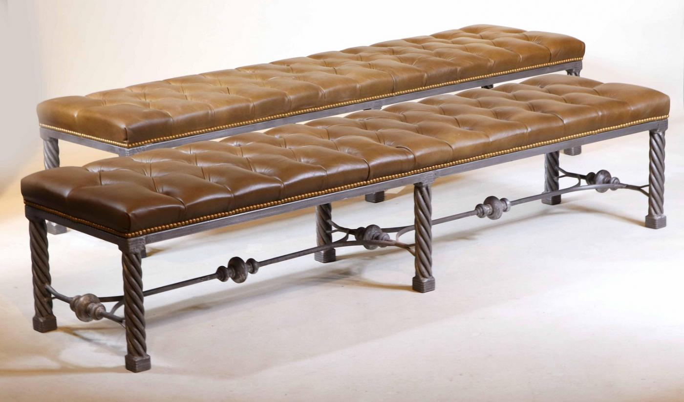 Pair of Long Modern Tufted Leather Benches