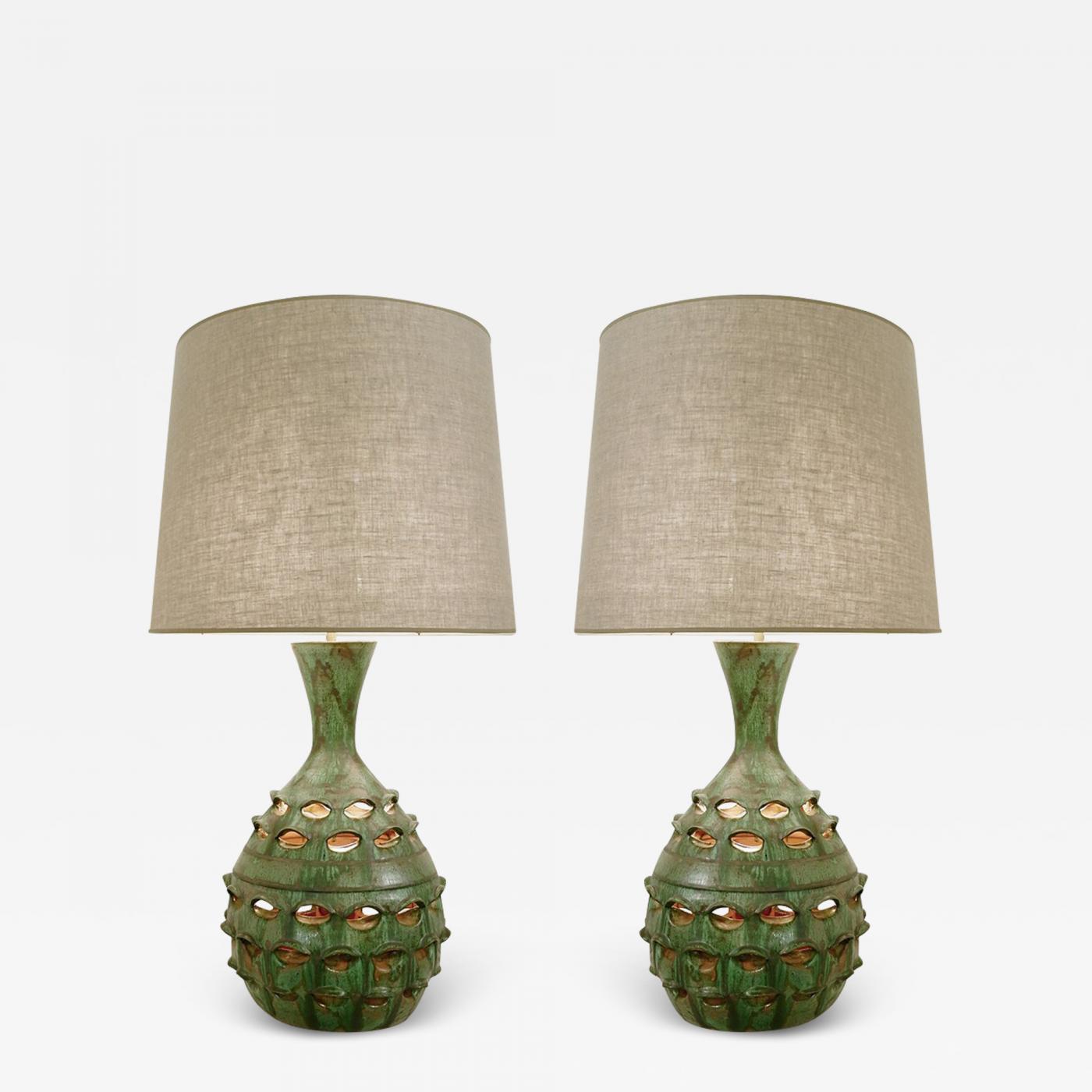 Pair of Mid Century Ceramic Table Lamps with Illuminated Artichoke Base