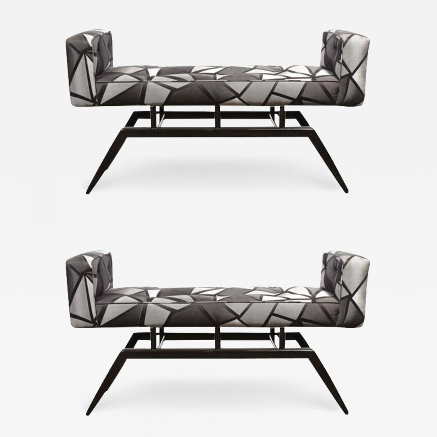 Pair of MidCentury Modern Splayed Floating Benches with Button Details