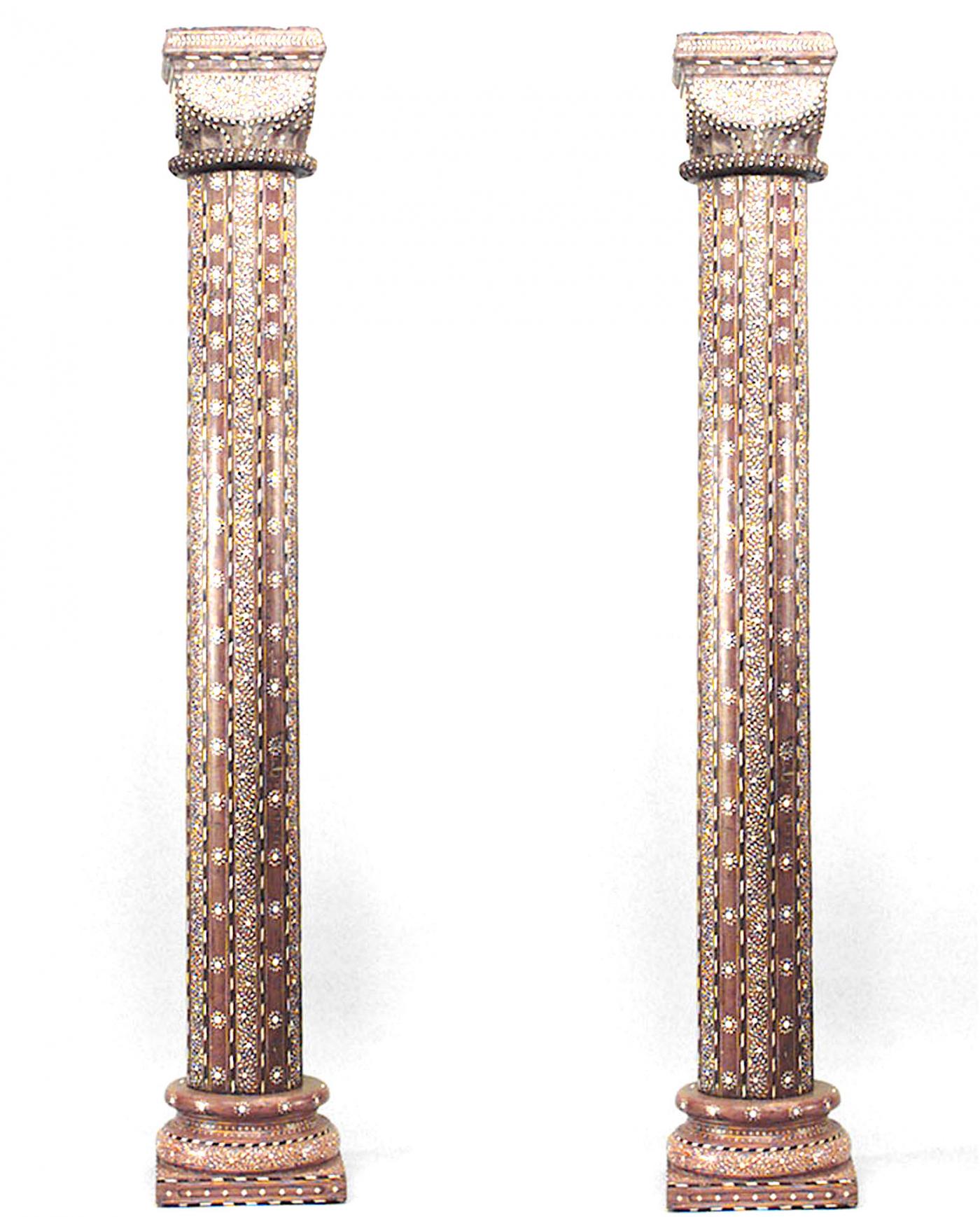 Middle Eastern Column Pair of Middle Eastern Syrian Teak and Inlaid Columns