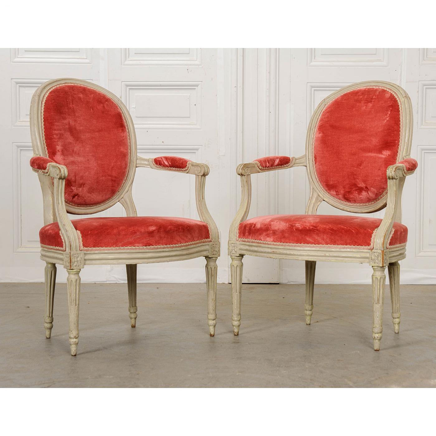 Pair of Painted French 19th Century Louis XVI-Style Fauteuils