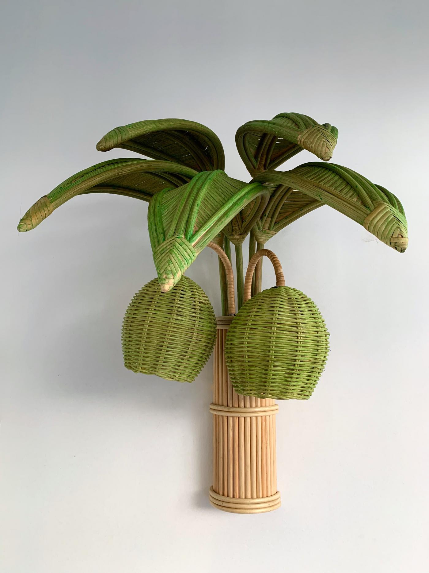 Pair of Rattan Palm Tree Sconces. France, 1980s