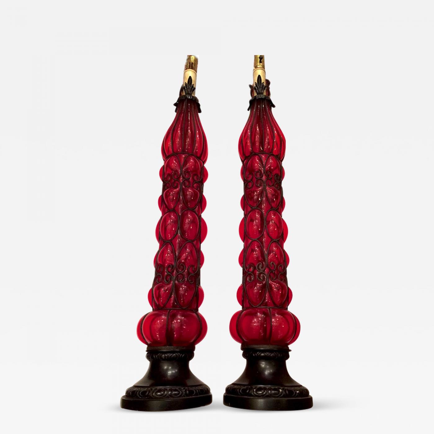 Pair Of Tall Red Blown Glass Table Lamps