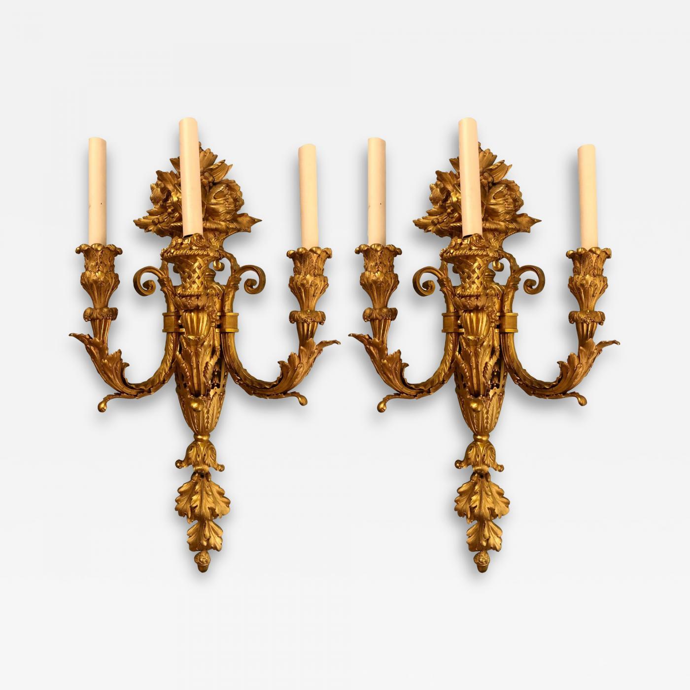 Pair of Three-Arm Bronze Wall Sconces French Louis XVI Style Bronze Dore