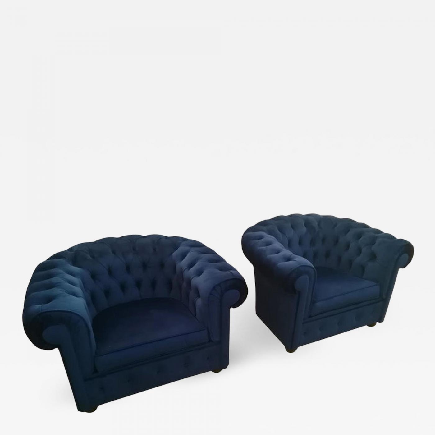Pair Of Blue Velvet Chesterfield Armchairs