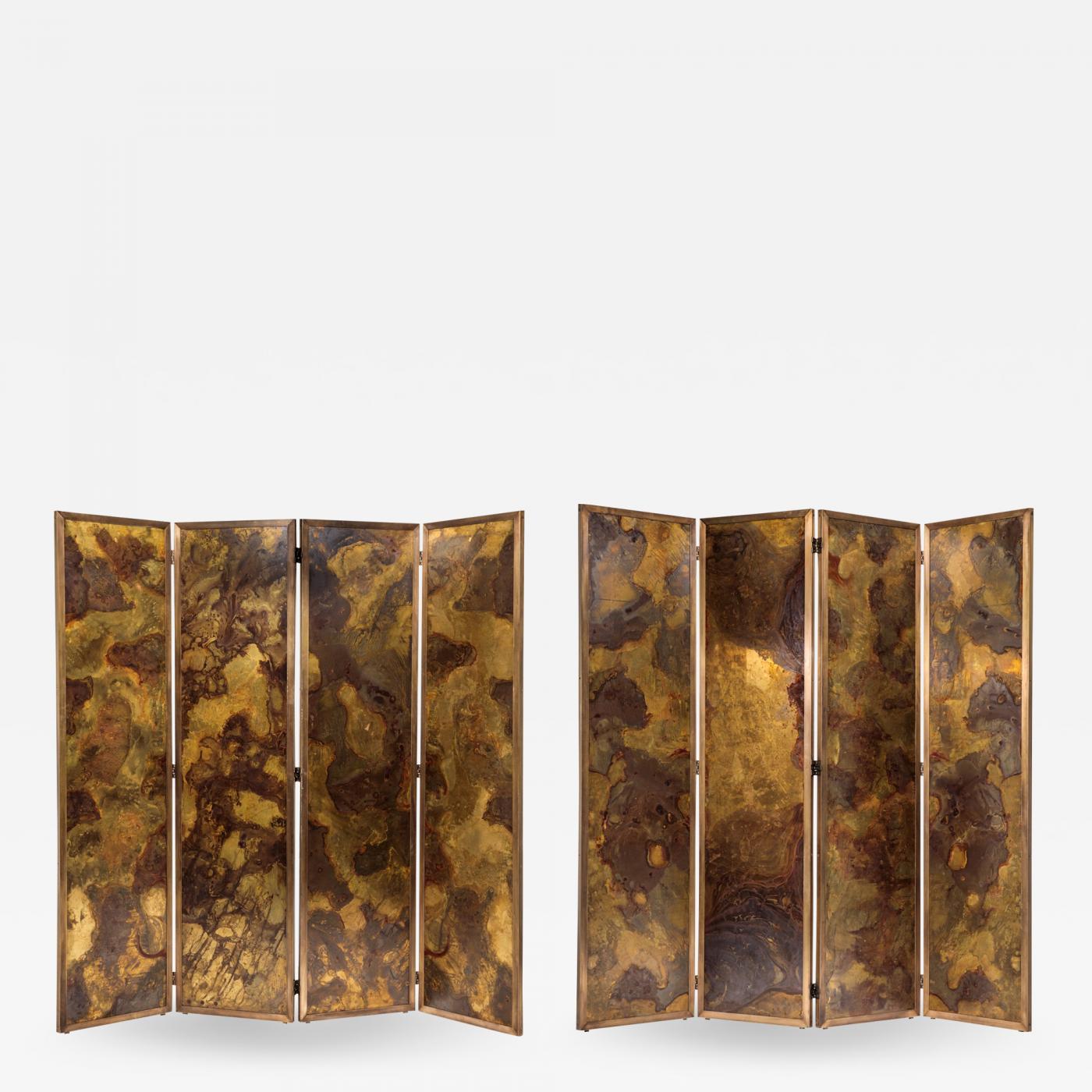 Pair of large screens with four leaves in brass, oxidized brass and