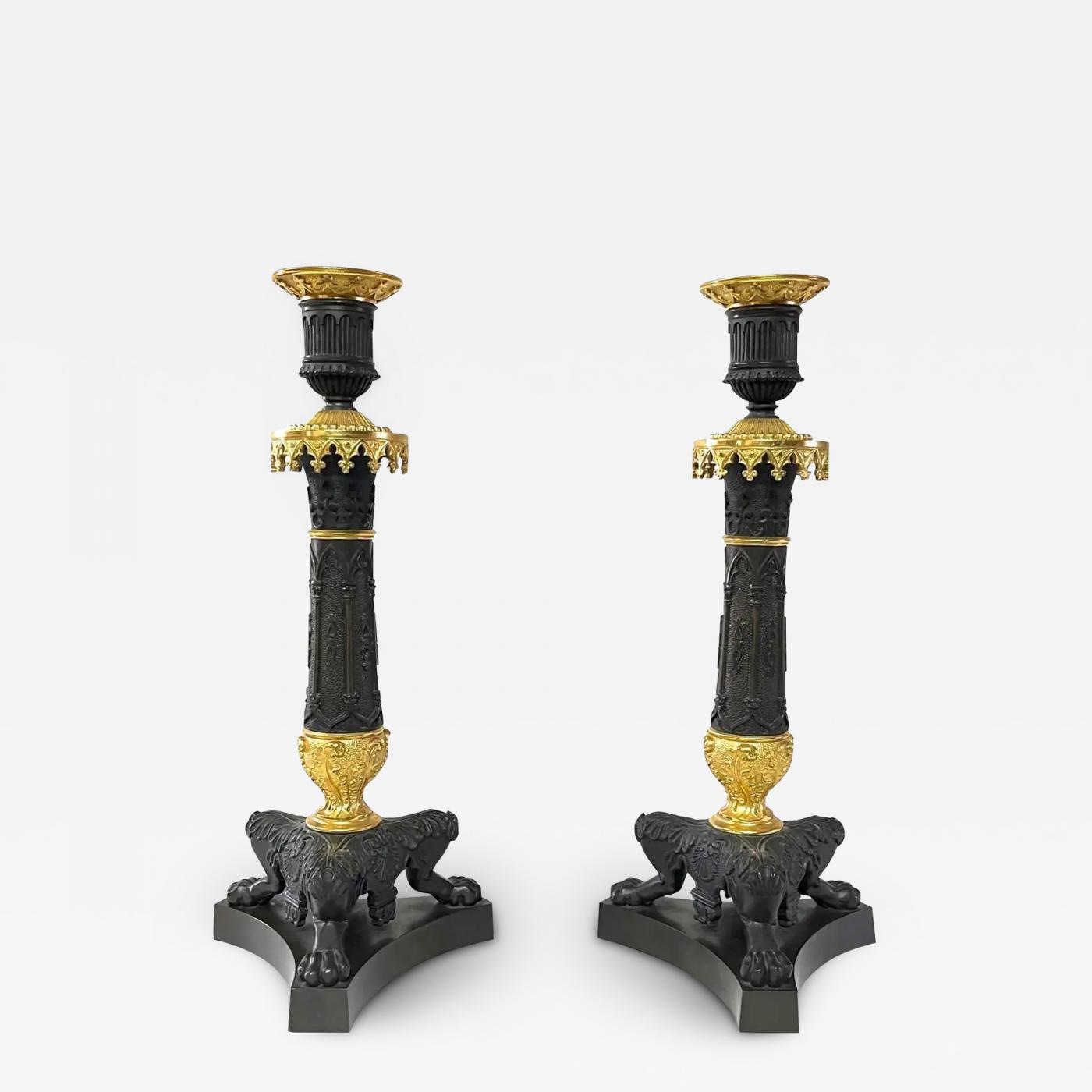 Set of Two 19th Century Cast Bronze French Gothic Candlesticks