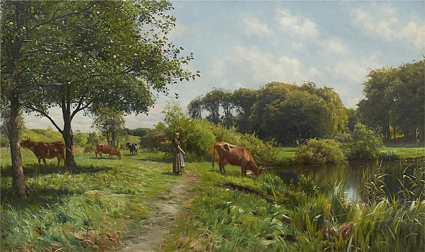 Peder Mork Monsted - PEDER MONSTED PAINTING - LANDSCAPE WITH YOUNG