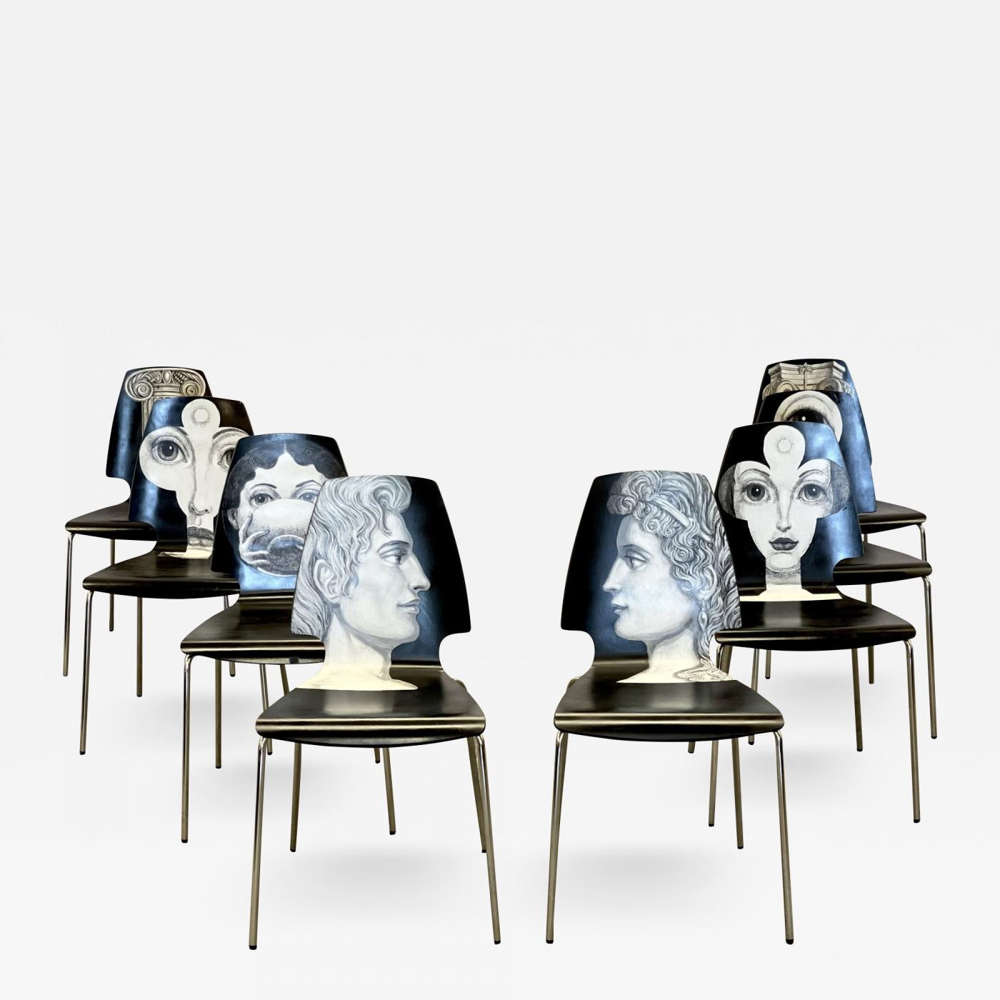 Piero Fornasetti - Eight Mid-Century Modern Piero Fornasetti Style Dining /  Side Chairs, Italy