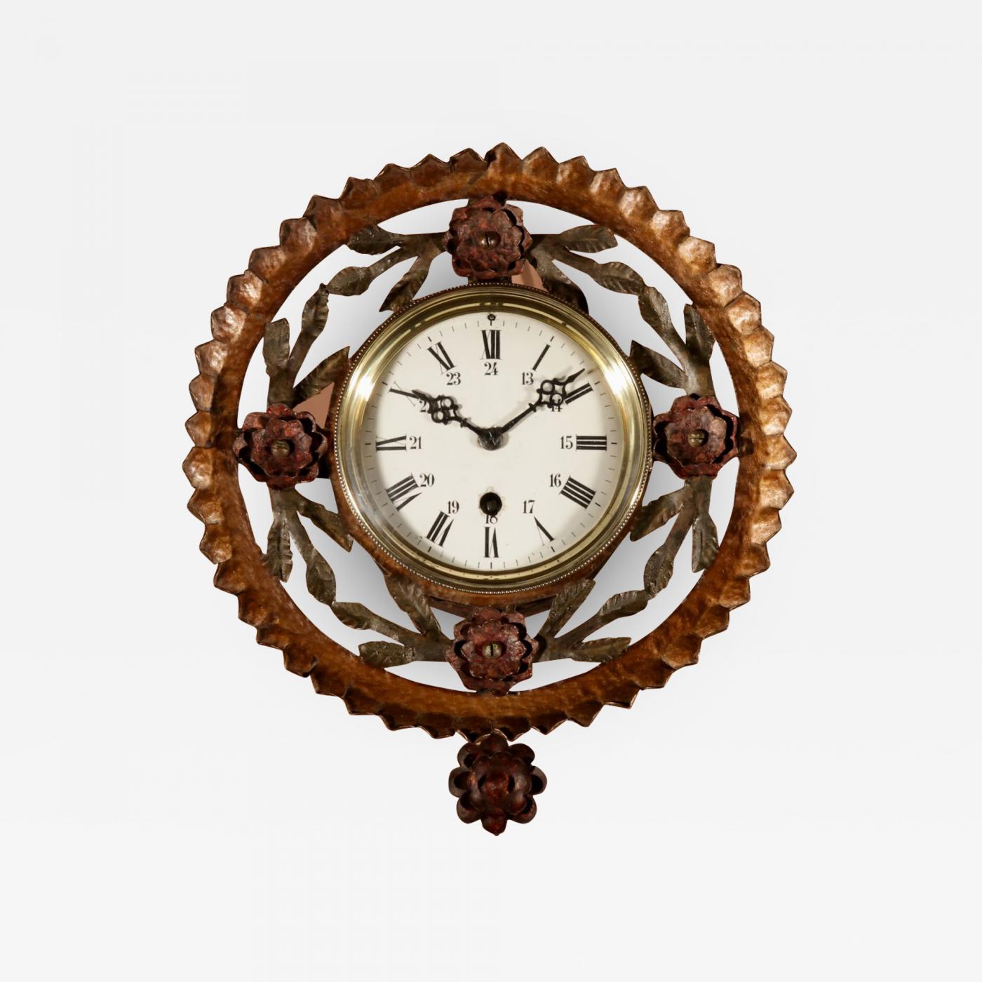 Polychrome Wrought Iron And Brass Amusing Wall Clock