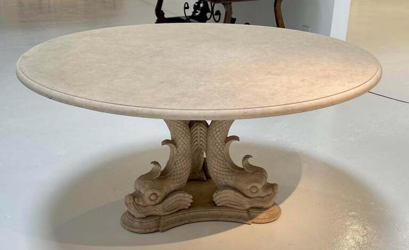 Rare Oscar De La Renta Stone Dining Table W Triple Dolphin Base